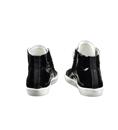 Handmade sneakers black shiny leather.